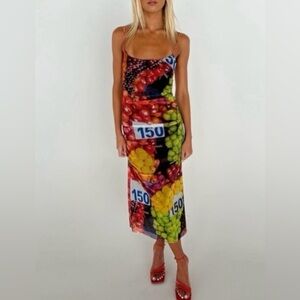 knee length dresses for ladies Zara Fruit Print Mesh Midi Dress Black Multicolor Ruched Fruitcore  Mediterranean Photorealistic Stretch Slip Side Slit Column Bodycon Medium main image 0
